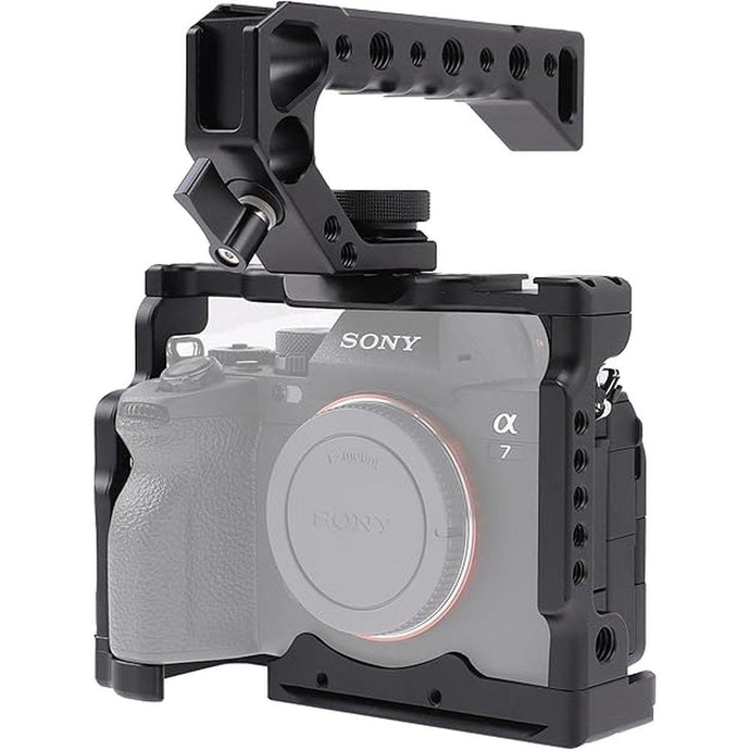 Camera Cage for Sony A7 IV A7S III DSLR Camera,Cage with Handle Grip and Quick Release 1/4'' 3/8'' Screw Expansion Microphone Monitor Fill Light, Black