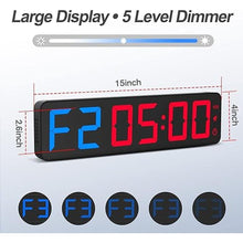 Load image into Gallery viewer, Gym Timer 15"Large LED Display Wall Clock | Gym Interval Workout | Count Down &amp; Up | Stopwatch | Adjustable Buzzer Volume | Upgraded Remote | Digital Timer for Fitness Home Garage Boxing Outdoor Sport
