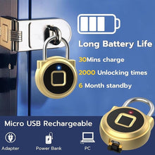 Load image into Gallery viewer, Fingerprint Padlock, Dhiedas Padlock with Fingerprint Bluetooth, Waterproof Small Padlocks, USB Charging for Gym Locker, School, Luggage, Fence, Hasp Cabinet Gold
