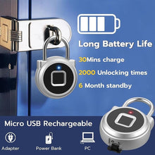 Load image into Gallery viewer, Fingerprint Lock, Dhiedas Gym Lock, Bluetooth Lock, Small Fingerprint Padlock with Keyless, Weatherproof Smart Lock for Gym Locker School Suitcase Cabinet Luggage Storage and Fence
