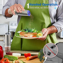 Load image into Gallery viewer, Gravity Electric Salt and Pepper Grinder Set, Battery Powered LED Light One Hand Automatic Operation, Adjustable Coarseness Mill Grinders Shakers Black (B.Silver 2p)
