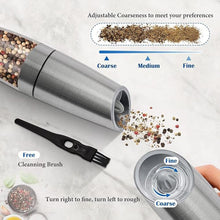 Load image into Gallery viewer, Gravity Electric Salt and Pepper Grinder Set, Battery Powered LED Light One Hand Automatic Operation, Adjustable Coarseness Mill Grinders Shakers Black (B.Silver 2p)
