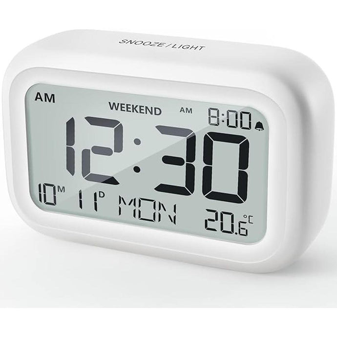 DOOMAY Digital Alarm Clock Bedside - Battery Powered Clock with LCD Display Volume Adjustable Snooze and Weekend Mode for Bedroom Office Desk Travel