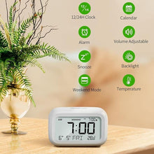 Load image into Gallery viewer, DOOMAY Digital Alarm Clock Bedside - Battery Powered Clock with LCD Display Volume Adjustable Snooze and Weekend Mode for Bedroom Office Desk Travel
