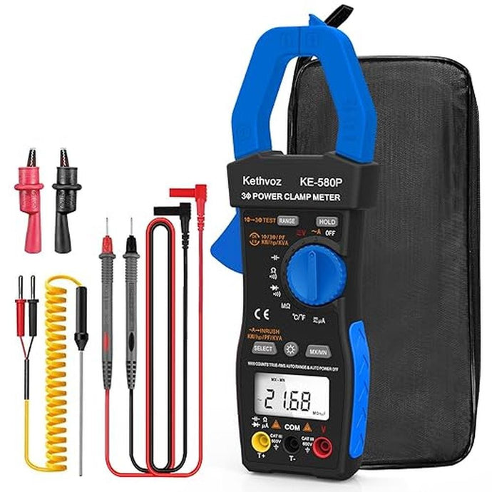 Clamp Meter 1/3 Phase Multimeter, Kethvoz 9999 Count TRMS Voltmeter Ammeter 600V and 1000A, Continuity Tester Temperature Capacitance Resistance Frequency Diodes