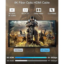 Load image into Gallery viewer, BlueRigger 8K Fiber Optic HDMI Cable 50FT (48Gbps, in-Wall CL3 Rated, 8K 60Hz, 4K 144Hz, HDCP 2.3, HDR10+) Ultra High Speed Long HDMI AOC 2.1 Cable - for Gaming, VR, HDTV, Monitor, PC
