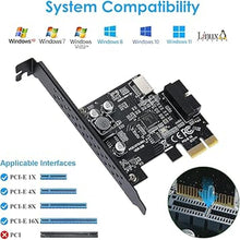 Load image into Gallery viewer, PCI-E 1X to USB 3.2 GEN1 5Gbps 20pin Front Panel Header (to Type-c Front Panel Header) + USB 3.0 19Pin Socket Expansion Card,Type-E Internal 20-pin Front Panel Connector Riser Card
