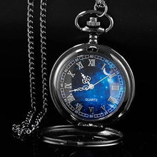 Load image into Gallery viewer, Tiong Pocket Watch Hollow Blue Star Design Roman Numerals Quartz with Chain Christmas Birthday Gifts
