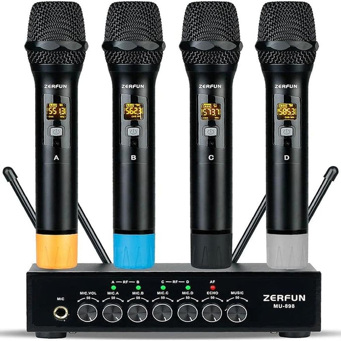 Pro Wireless Microphone System 4 Channel, UHF Metal Cordless Handheld Mics with Echo Bluetooth for Church Karaoke Singing, 4x50 Adjustable Frequency(MU-898 Battery 4 Handheld)