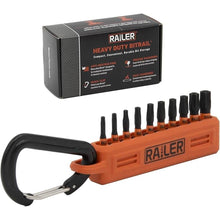 Load image into Gallery viewer, Railer Tamper Proof Torx Bit Set - Premium S2 Steel 1 Inch Impact Driver 10pc 6 Star Bit Set With A Tool Storage Bit Holder &amp; Carabiner
