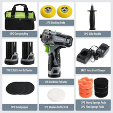 Load image into Gallery viewer, WORKPRO 12V Cordless Polisher, 3" Mini Car Detailing Buffer &amp; Sander Machine Kit with 2 Li-Ion Batteries, Variable Speed Trigger for Auto/DIY Polishing/Sanding/Waxing
