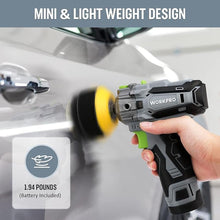 Load image into Gallery viewer, WORKPRO 12V Cordless Polisher, 3" Mini Car Detailing Buffer &amp; Sander Machine Kit with 2 Li-Ion Batteries, Variable Speed Trigger for Auto/DIY Polishing/Sanding/Waxing
