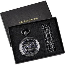Load image into Gallery viewer, Mechanical Pocket Watch Antique Roman Numerals Men's Pocket Watch, Black Skeleton Pocket Watch with Chain for Men

