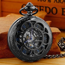 Load image into Gallery viewer, Mechanical Pocket Watch Antique Roman Numerals Men's Pocket Watch, Black Skeleton Pocket Watch with Chain for Men
