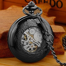Load image into Gallery viewer, Mechanical Pocket Watch Antique Roman Numerals Men's Pocket Watch, Black Skeleton Pocket Watch with Chain for Men
