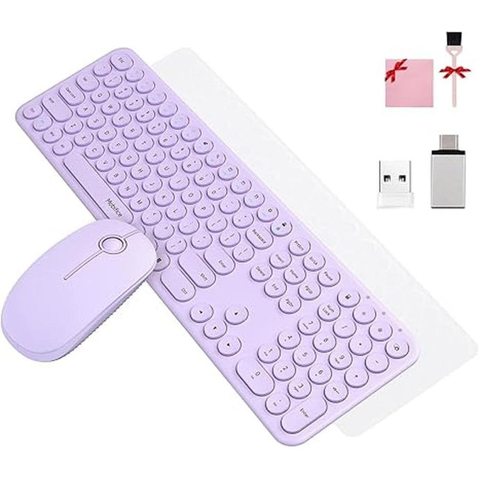 Cute Keyboard and Mouse Wireless for PC Computer/Laptop/Windows/Mac/Tablets, Ultra-Thin 2.4GHz USB Cordless Full-Sized Silent Retro Computer Keyboard Mouse Combo (Purple)