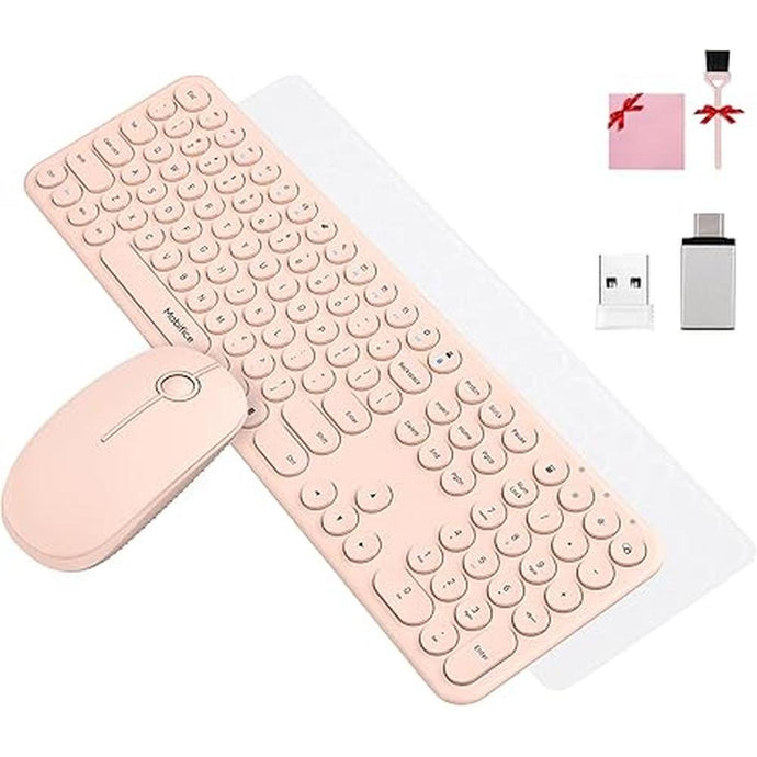 Cute Keyboard and Mouse Wireless for PC Computer/Laptop/Windows/Mac/Tablets, Ultra-Thin 2.4GHz USB Cordless Full-Sized Silent Retro Computer Keyboard Mouse Combo (Pink)