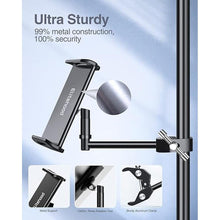 Load image into Gallery viewer, elitehood Aluminum iPad Holder for Mic Stand, Side Mount iPad Music Stand Holder for Microphone, 360° Swivel Tilt Adjustable Mic Stand Tablet Holder for iPad, iPhone and More 4-13in Tablet
