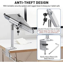 Load image into Gallery viewer, AboveTEK Anti Theft Locking Tablet Stand Holder - 360/320 POS Swivel - Lockable Tablet Security Stand Lock, Desktop Table Clamp Mount Fits 7 to 11 Inch iPad Fire Microsoft Galaxy Tab Google (Silver)
