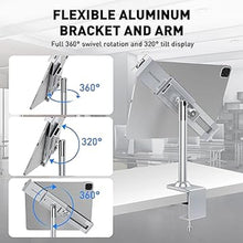 Load image into Gallery viewer, AboveTEK Anti Theft Locking Tablet Stand Holder - 360/320 POS Swivel - Lockable Tablet Security Stand Lock, Desktop Table Clamp Mount Fits 7 to 11 Inch iPad Fire Microsoft Galaxy Tab Google (Silver)
