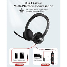 Load image into Gallery viewer, USB Headset with Microphone for PC, On-Ear Computer Laptop Headphones with Noise Cancelling Mic in-line Control for Home Office Online Class Zoom (Type C+3.5mm, Black)
