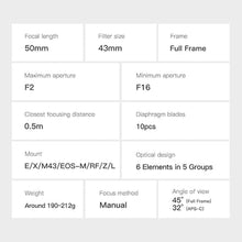 Load image into Gallery viewer, TTArtisan 50mm F2 Full Frame Large Aperture Manual Portrait Lens for Sigma for Leica for Panasonic L Mount Camera T TL TL2 CL FP S1 S5 Series Black
