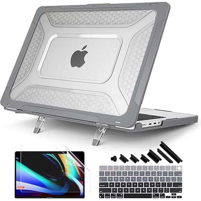 Batianda Compatible with New MacBook Pro 14 inch Case 2024 2023 2021 Release M4 M3 M2 Pro Max, Heavy Duty Honeycomb Design Protective Hard Shell TPU Bumper and Fold Kickstand with Keyboard Cover,Grey