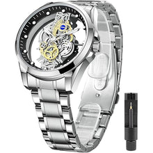 Load image into Gallery viewer, Tiong Men's Clear Cover Quartz Watch Men Stainless Steel Waterproof Watch, Business Skeleton Quartz Watch for Men
