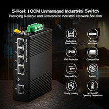 Load image into Gallery viewer, Binardat 5 Port Din Rail Industrial Ethernet Switch, 4 Ports and 1 Uplink 10/100Mbps, Fanless Wall Mount, with One Power Supply
