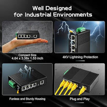 Load image into Gallery viewer, Binardat 5 Port Din Rail Industrial Ethernet Switch, 4 Ports and 1 Uplink 10/100Mbps, Fanless Wall Mount, with One Power Supply
