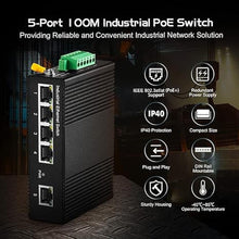 Load image into Gallery viewer, Binardat 5 Port Industrial Ethernet Switch, 4 PoE IEEE802.3af/at, 1 Uplink, 10/100Mbps, Fanless Wall Mount, with One 60W PoE Power Supply
