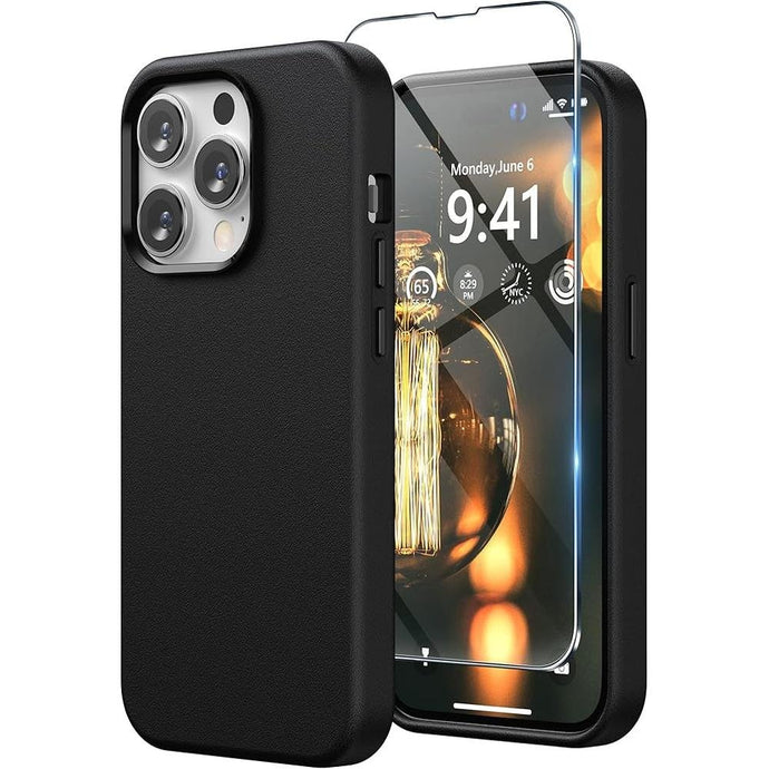 SURPHY Designed for Faux Leather iPhone 14 Pro Max Case with Screen Protector (6.7 inch), Metallic Buttons & Microfiber Lining Leather Phone Case for 14 Pro Max, Black