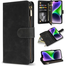 Load image into Gallery viewer, ZZXX for iPhone 14 Plus Case Wallet with [RFID Blocking] Card Slot Premium Soft PU Leather Zipper Flip Folio with Wrist Strap Kickstand Protective Cover for iPhone 14 Plus Wallet Case(Black-6.7 inch)
