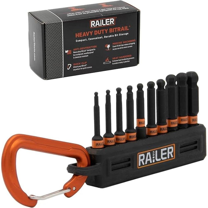 Ball End Hex Bit Set - Railer 2 Inch Impact Driver 10pc SAE Hex Bit Set With A Bit Holder & Carabiner. Premium S2 Steel, Ideal For Furniture Screws