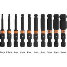 Load image into Gallery viewer, Ball End Hex Bit Set - Railer 2 Inch Impact Driver 10pc Ball-End Metric Hex Bit Set With A Bit Holder &amp; Carabiner. Premium S2 Steel, Ideal For Furniture Screws
