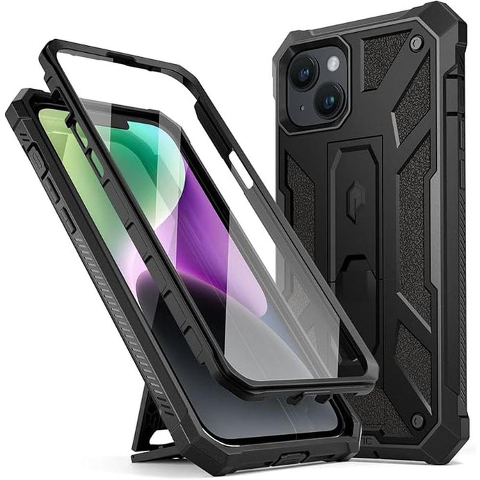 Poetic Compatible with iPhone 14 Case, Spartan Phone Case for iPhone 14 with Screen Protector, Full Body Rugged Premium Leather Texture Shockproof Protective Cover with Kickstand, Matte Black