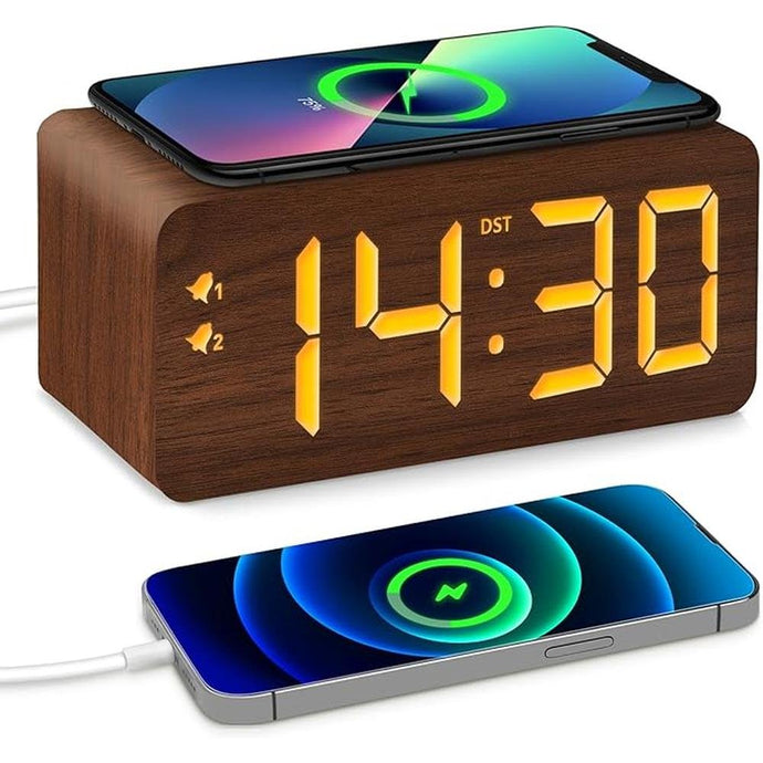 Wood Digital Alarm Clock with 10W Fast Wireless Charger, USB Charging Ports, DST, Dimmable, Snooze, Large Number LED Display for Bedrooms, Desk, Living Room Table, Bedside, Nightstand (Brown)