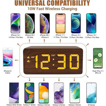 Load image into Gallery viewer, Wood Digital Alarm Clock with 10W Fast Wireless Charger, USB Charging Ports, DST, Dimmable, Snooze, Large Number LED Display for Bedrooms, Desk, Living Room Table, Bedside, Nightstand (Brown)
