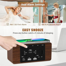 Load image into Gallery viewer, Wood Digital Alarm Clock with 10W Fast Wireless Charger, USB Charging Ports, DST, Dimmable, Snooze, Large Number LED Display for Bedrooms, Desk, Living Room Table, Bedside, Nightstand (Brown)
