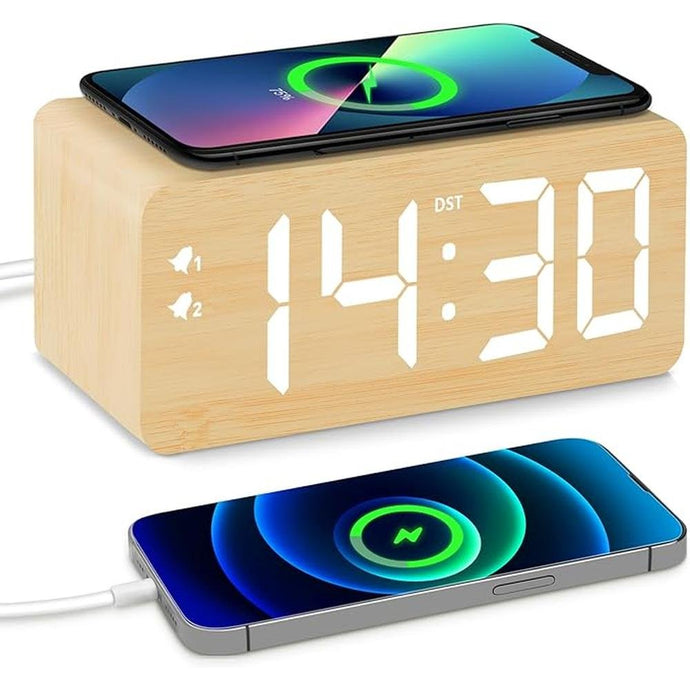Wood Digital Alarm Clock with 10W Fast Wireless Charger, USB Charging Ports, DST, Dimmable, Snooze, Large Number LED Display for Bedrooms, Desk, Living Room Table, Bedside, Nightstand (Bamboo)