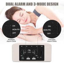 Load image into Gallery viewer, Wooden Digital Alarm Clock, 10W Fast Wireless Charger Station &amp; 2 USB Charging Ports, with 0~99% Dimmer, Dual Alarm, Weekday/Weekend Mode, Wood LED Clock for Bedroom, Desk, Office
