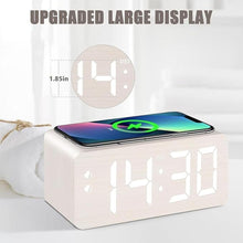 Load image into Gallery viewer, Wooden Digital Alarm Clock, 10W Fast Wireless Charger Station &amp; 2 USB Charging Ports, with 0~99% Dimmer, Dual Alarm, Weekday/Weekend Mode, Wood LED Clock for Bedroom, Desk, Office
