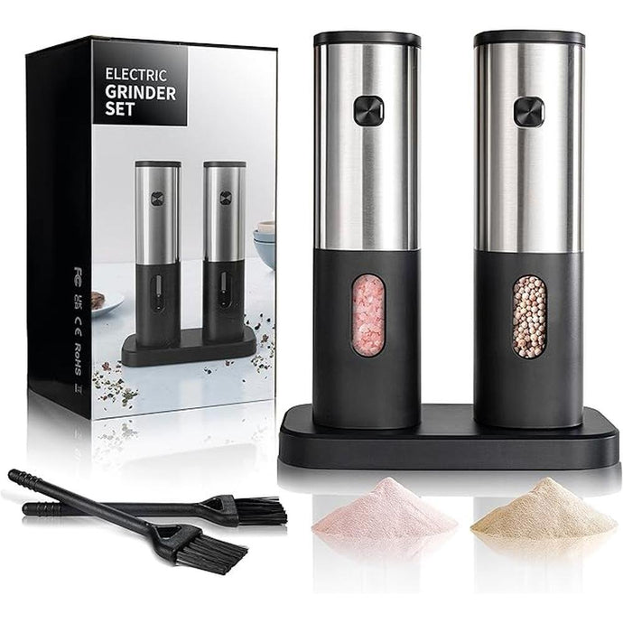 Battery Operated Salt and Pepper Grinder Set, Electric Salt Grinder with Storage Base, One Hand Automatic Operation, Stainless Steel Black 2 Pack