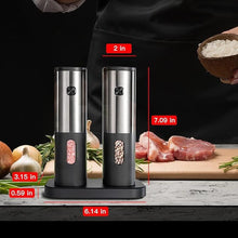 Load image into Gallery viewer, Battery Operated Salt and Pepper Grinder Set, Electric Salt Grinder with Storage Base, One Hand Automatic Operation, Stainless Steel Black 2 Pack
