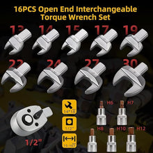 Load image into Gallery viewer, 14mm x 18mm Open End Interchangeable Torque Wrench Set, Chrome Vanadium Steel, 1/2 Inch Ratchet Head, 16 Pieces
