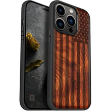 Load image into Gallery viewer, Carveit Magnetic Wood Case for iPhone 14 Pro Case [Natural Wood &amp; Black Soft TPU] Shockproof Protective Cover Unique &amp; Classy Wooden Case Compatible with magsafe (American Flag -Red Wood)
