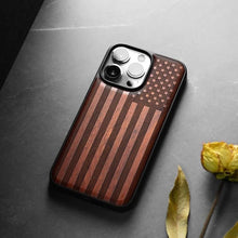 Load image into Gallery viewer, Carveit Magnetic Wood Case for iPhone 14 Pro Case [Natural Wood &amp; Black Soft TPU] Shockproof Protective Cover Unique &amp; Classy Wooden Case Compatible with magsafe (American Flag -Red Wood)
