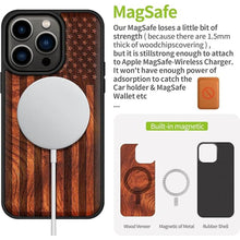 Load image into Gallery viewer, Carveit Magnetic Wood Case for iPhone 14 Pro Case [Natural Wood &amp; Black Soft TPU] Shockproof Protective Cover Unique &amp; Classy Wooden Case Compatible with magsafe (American Flag -Red Wood)
