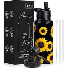 Load image into Gallery viewer, 32oz Sunflower Vacuum Insulated Stainless Steel Water Bottles with Straw &amp; Spout Lids, Double Wall Sport Bottle, Sweat-Proof BPA Free, Canteen Metal Thermo Mug Hydro Cup Jug, Sunlfower Gift
