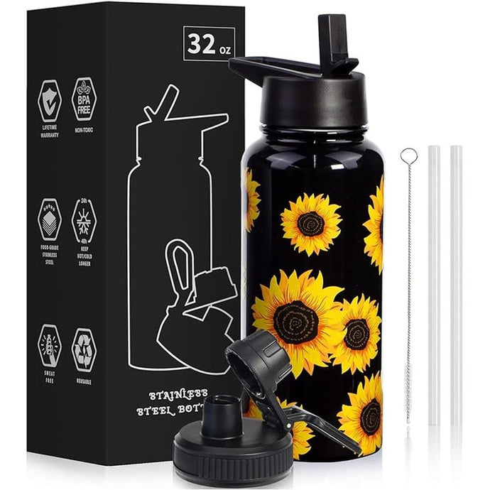 32oz Sunflower Vacuum Insulated Stainless Steel Water Bottles with Straw & Spout Lids, Double Wall Sport Bottle, Sweat-Proof BPA Free, Canteen Metal Thermo Mug Hydro Cup Jug, Sunlfower Gift